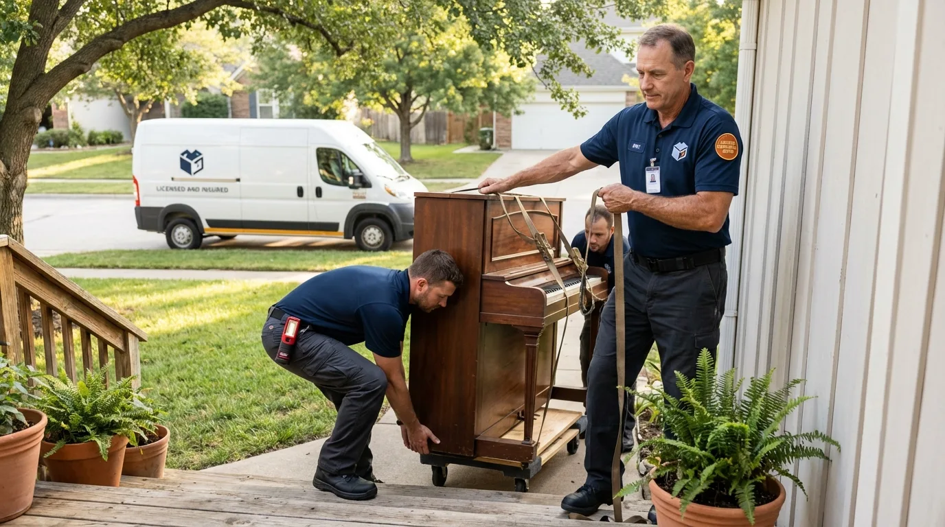 Licensed piano movers securing grand piano in Ciales, PR