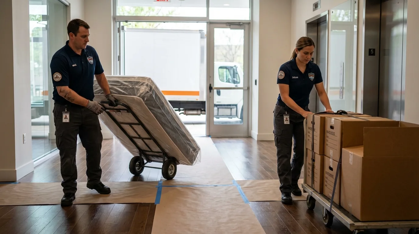 Professional apartment movers loading elevator in Ciales, PR